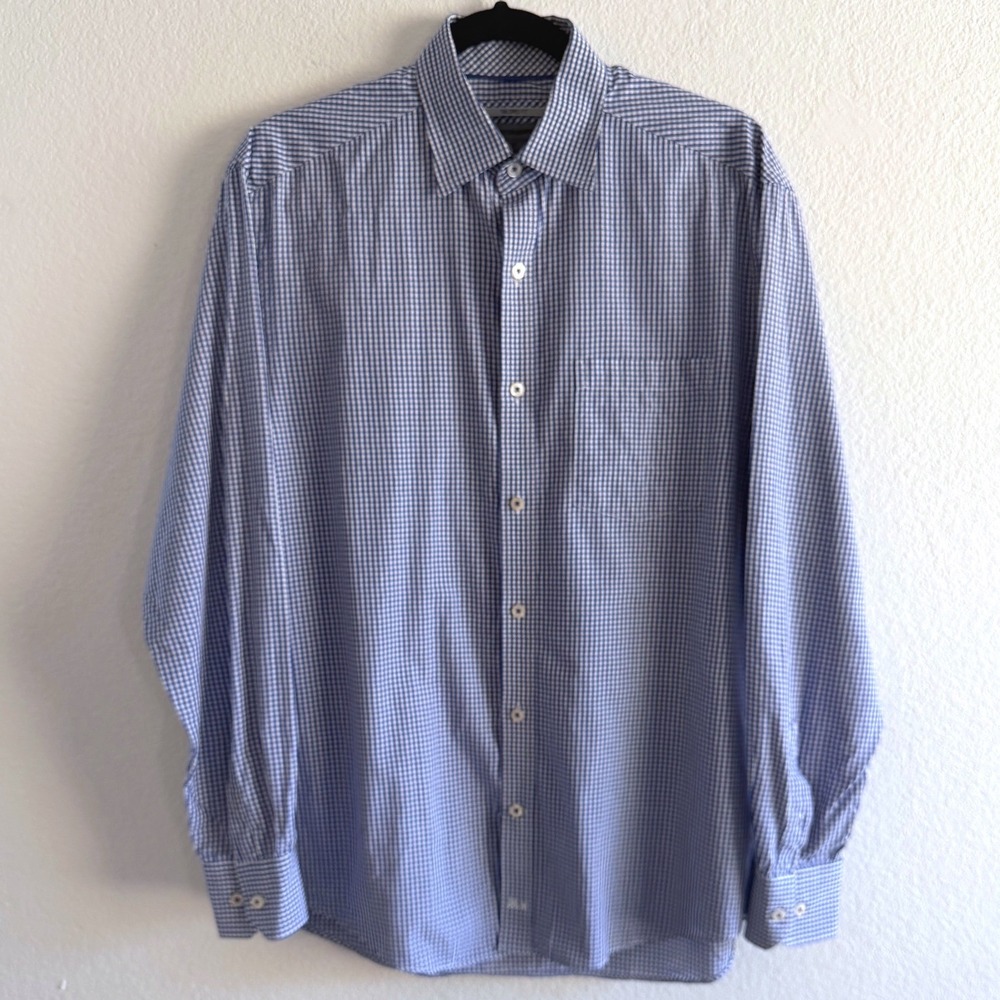 Johnston & Murphy Mens Tailored Fit Gingham Button Down Shirt Blue White Medium